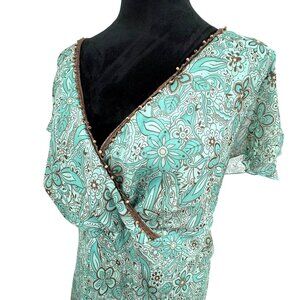 Vintage Y2K Baby Doll Dress Womens 18W Empire Waist Faux Wrap Floral Print  Bead